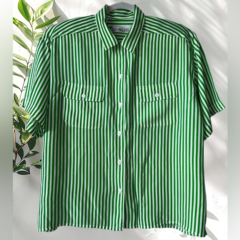 CHAUS | VTG Green and White Striped Button Down Shirt